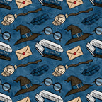 blue background, wizard hats, broomsticks, feathers, round glasses, envelopes, wax seals, herbology potions, magical items, fantasy theme, repeating pattern,, fabric panel, whimsical design, navy blue, brown accents, cream colored, mystical elements, school supplies, potion bottles