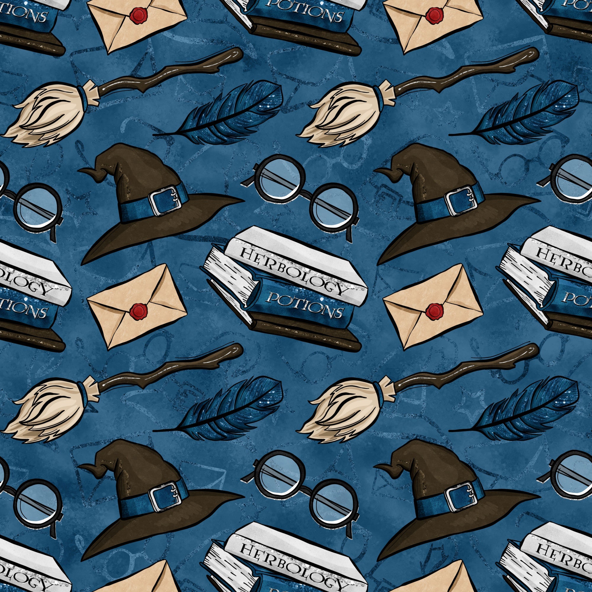 blue background, wizard hats, broomsticks, feathers, round glasses, envelopes, wax seals, herbology potions, magical items, fantasy theme, repeating pattern,, fabric panel, whimsical design, navy blue, brown accents, cream colored, mystical elements, school supplies, potion bottles