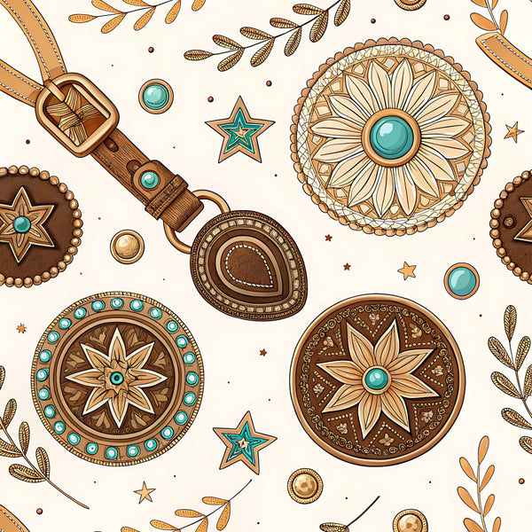 turquoise, tan, brown, cream, western, boho, bohemian, southwestern, concho, stars, flowers, floral, geometric, mandala, native american, rustic, vintage, stars and flowers, beaded details, leather accents, celestial, decorative medallions, nature inspired, earthy tones, traditional, ornamental, tribal, ethnic, desert, stars motif