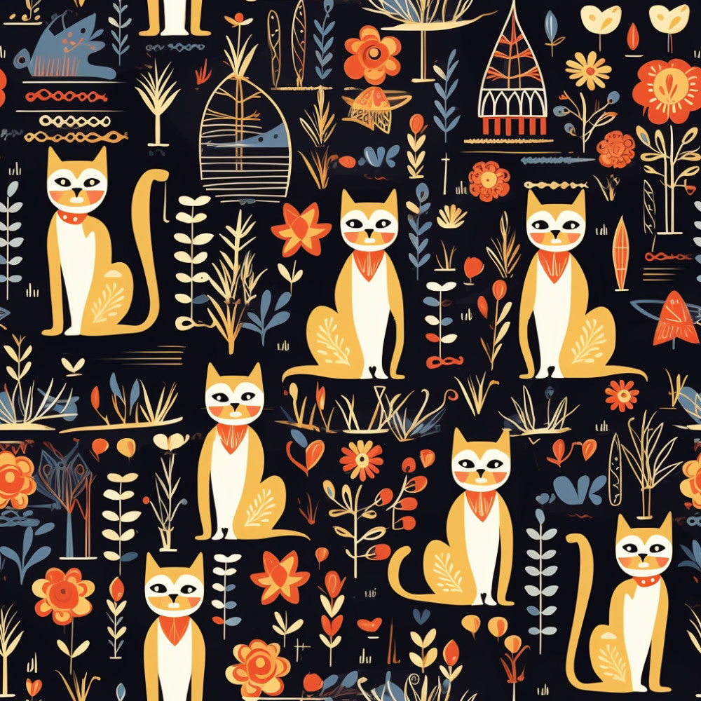 navy background, golden yellow, cream white, burnt orange, coral red, slate blue, geometric floral, cats, felines, botanical, folk art, whimsical, retro, mid-century modern, scandinavian, boho, flowers, leaves, plants, decorative elements, playful, colorful, children's, kids room, nursery, playroom, baby gift, animal print, nature inspired, vintage style