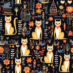 navy background, golden yellow, cream white, burnt orange, coral red, slate blue, geometric floral, cats, felines, botanical, folk art, whimsical, retro, mid-century modern, scandinavian, boho, flowers, leaves, plants, decorative elements, playful, colorful, children's, kids room, nursery, playroom, baby gift, animal print, nature inspired, vintage style