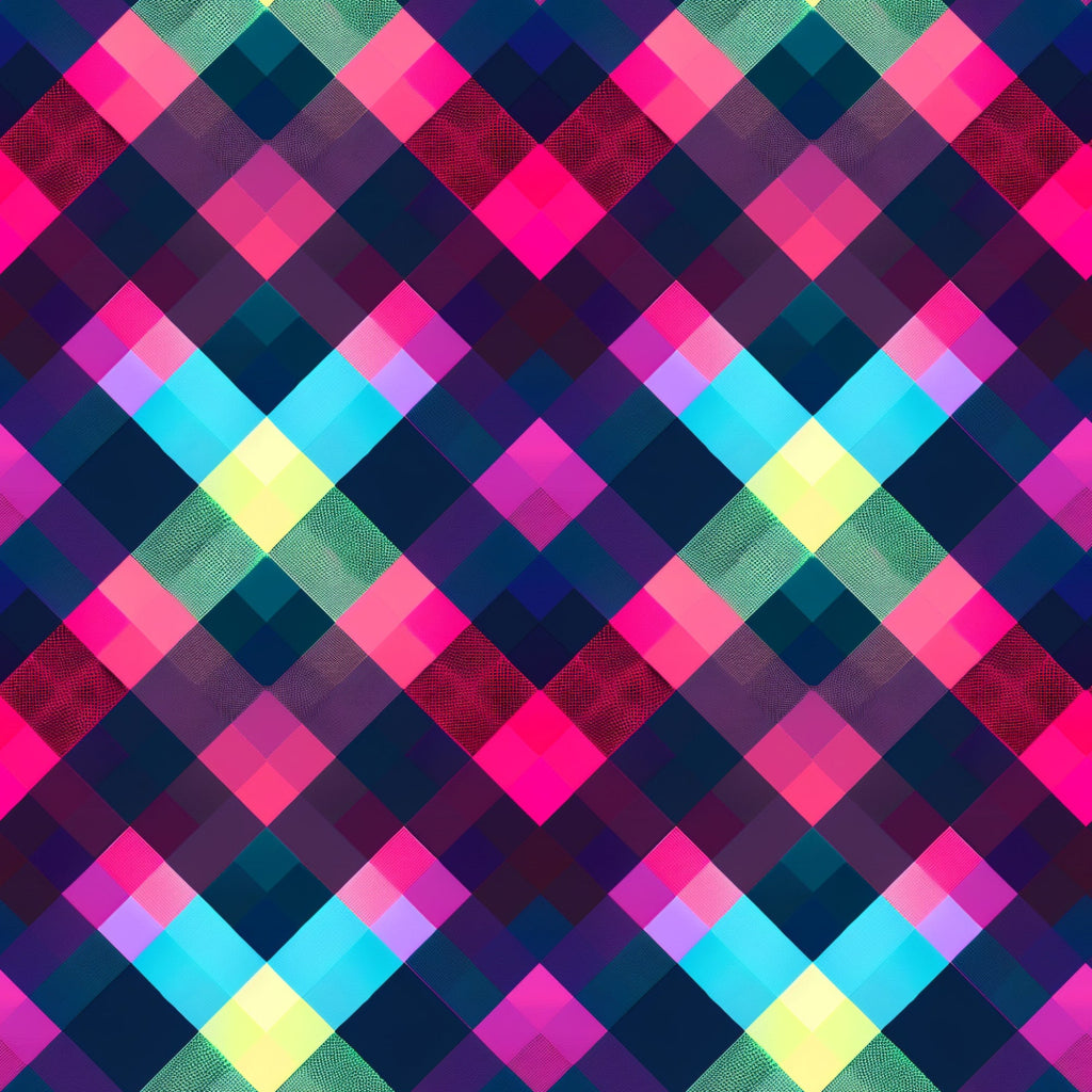 neon pink, electric blue, bright yellow, lime green, teal, purple, magenta, gingham pattern, checkered design, geometric squares, diamond arrangement,, fabric panel, vibrant colors, fluorescent hues, modern gingham, contemporary pattern, bright checkered, neon plaid, quilting material