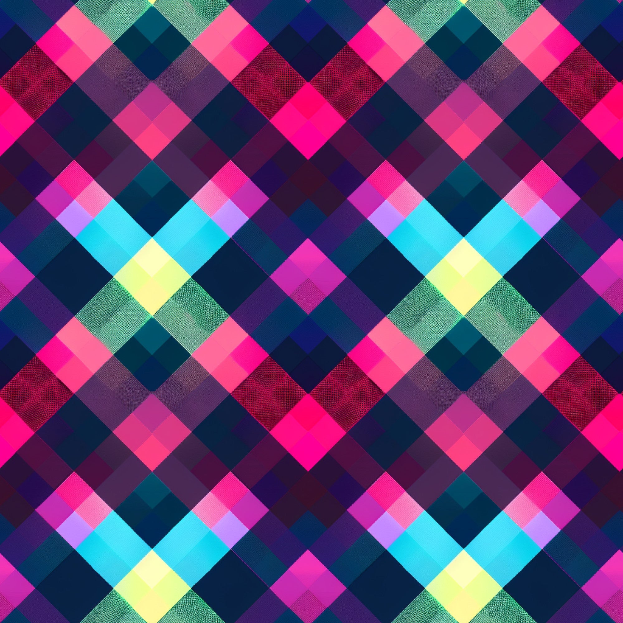 neon pink, electric blue, bright yellow, lime green, teal, purple, magenta, gingham pattern, checkered design, geometric squares, diamond arrangement,, fabric panel, vibrant colors, fluorescent hues, modern gingham, contemporary pattern, bright checkered, neon plaid, quilting material