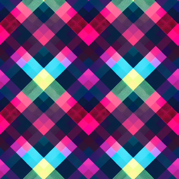 neon pink, electric blue, bright yellow, lime green, teal, purple, magenta, gingham pattern, checkered design, geometric squares, diamond arrangement,, fabric panel, vibrant colors, fluorescent hues, modern gingham, contemporary pattern, bright checkered, neon plaid, quilting material