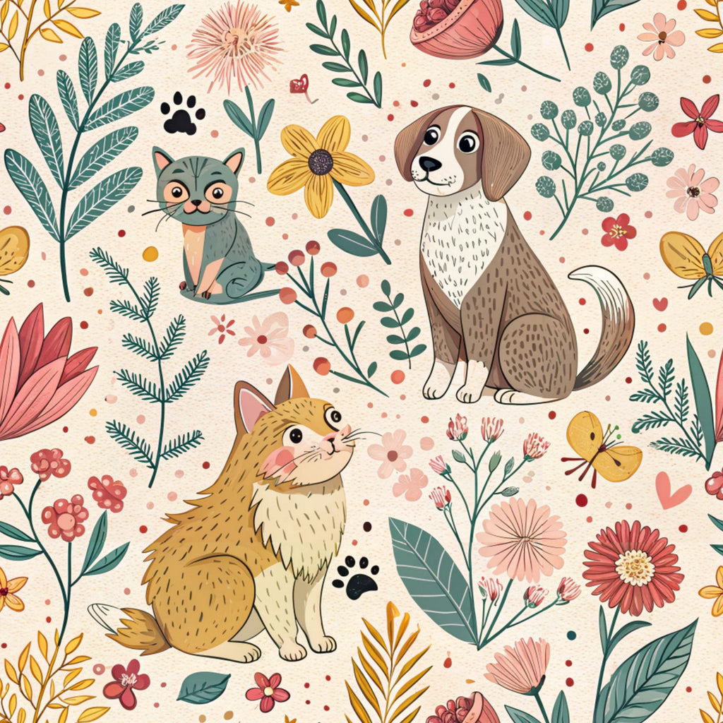 coral pink, sage green, mustard yellow, cream background, cats, dogs, paw prints, floral pattern, botanical elements, leaves, flowers, whimsical illustration, cute animals, folk art style,, fabric panel, pet themed, nature motif, playful design, warm color palette