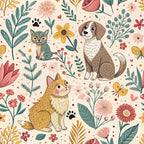 coral pink, sage green, mustard yellow, cream background, cats, dogs, paw prints, floral pattern, botanical elements, leaves, flowers, whimsical illustration, cute animals, folk art style,, fabric panel, pet themed, nature motif, playful design, warm color palette