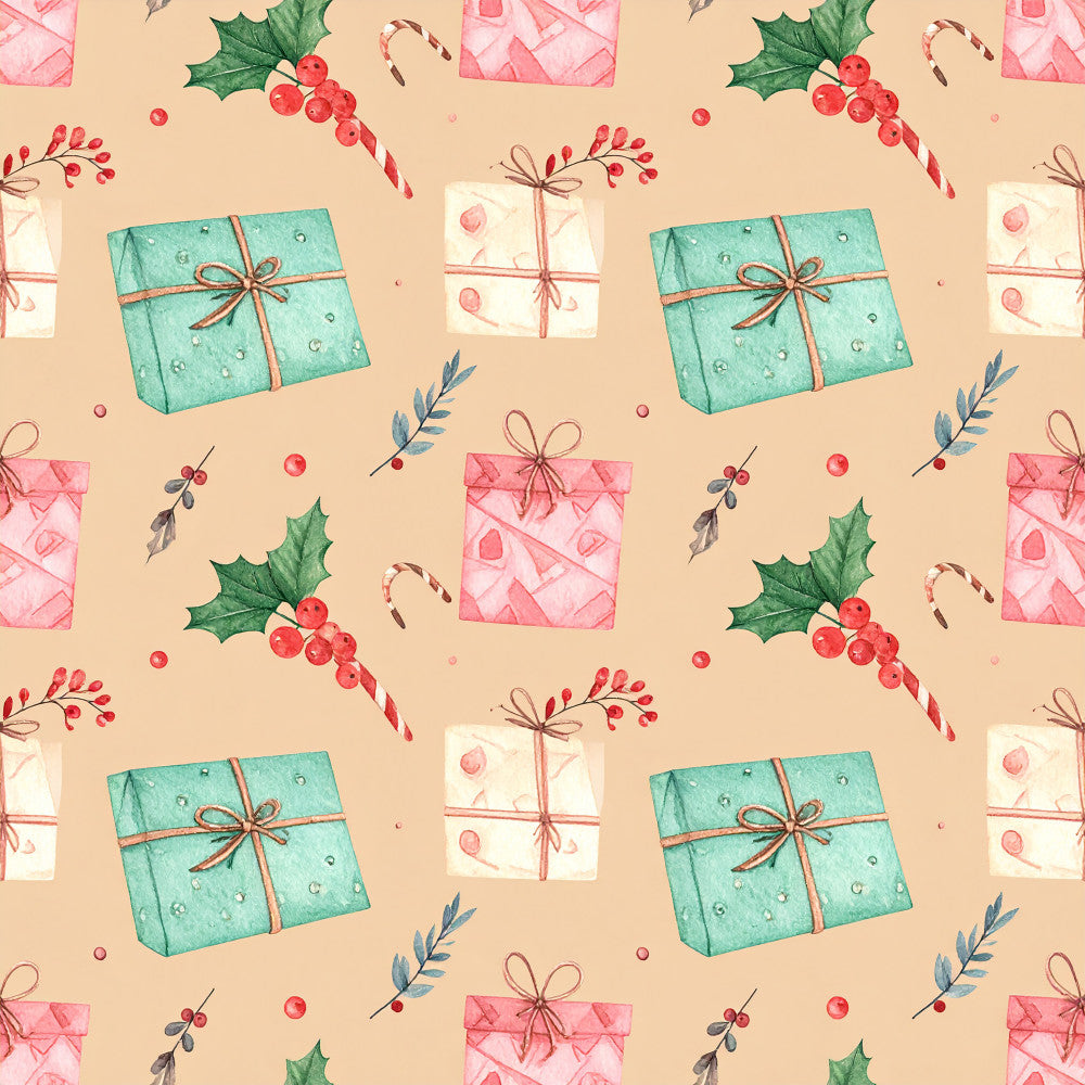 cream background, soft peachy beige, dusty rose, coral pink, mint green, teal, holiday, christmas, festive, gift boxes, present, candy canes, holly berries, holly leaves, decorative bows, ribbons, winter berries, botanical, nature, elegant, whimsical, traditional, seasonal, gift wrapping theme, nursery, kids room, baby shower, vintage style, hand-painted look, watercolor effect