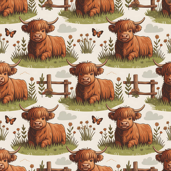 highland cattle, cartoon cows, orange brown, russet, green grass, pastoral scene, farm animals, wooden fence, butterflies, wildflowers,, fabric panel, repeating pattern, whimsical style, country theme, meadow setting, cute animals, nature motif, children's fabric, craft material