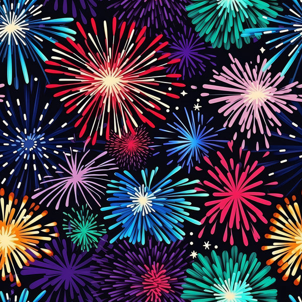fireworks pattern, black background, red fireworks, blue fireworks, purple fireworks, pink fireworks, teal fireworks, yellow fireworks, orange fireworks, white fireworks, starburst design, celebration theme, festive pattern,, fabric panel, colorful explosions, radiating lines, patriotic colors, party theme, bright colors, geometric bursts