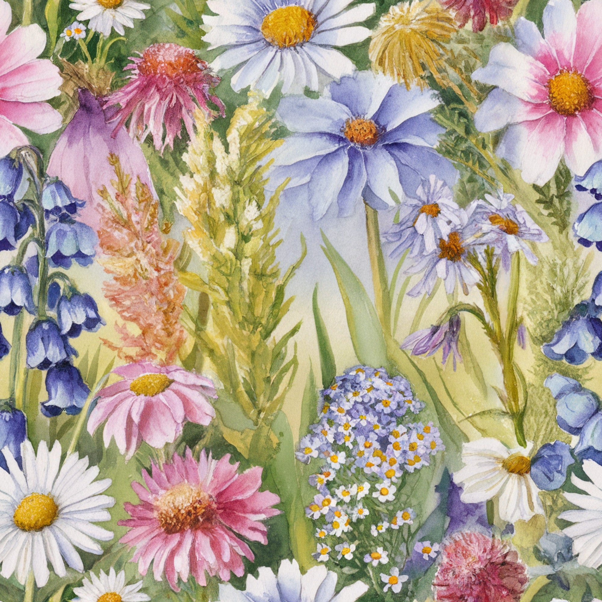 wildflowers, watercolor style, botanical illustration, pink flowers, blue flowers, white daisies, purple blooms, yellow centers, green foliage,, fabric panel, floral pattern, spring meadow, delicate petals, pastel colors, nature inspired, soft hues, garden flowers, artistic rendering, cotton fabric