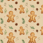 gingerbread man, holiday, christmas, winter, cream, tan, brown, golden brown, rust red, green, festive, whimsical, cookies, baking, traditional, rustic, vintage, star anise, pinecones, evergreen branches, botanical, seasonal, baked goods, decorative, playful, children, kids, nursery, cozy, warm