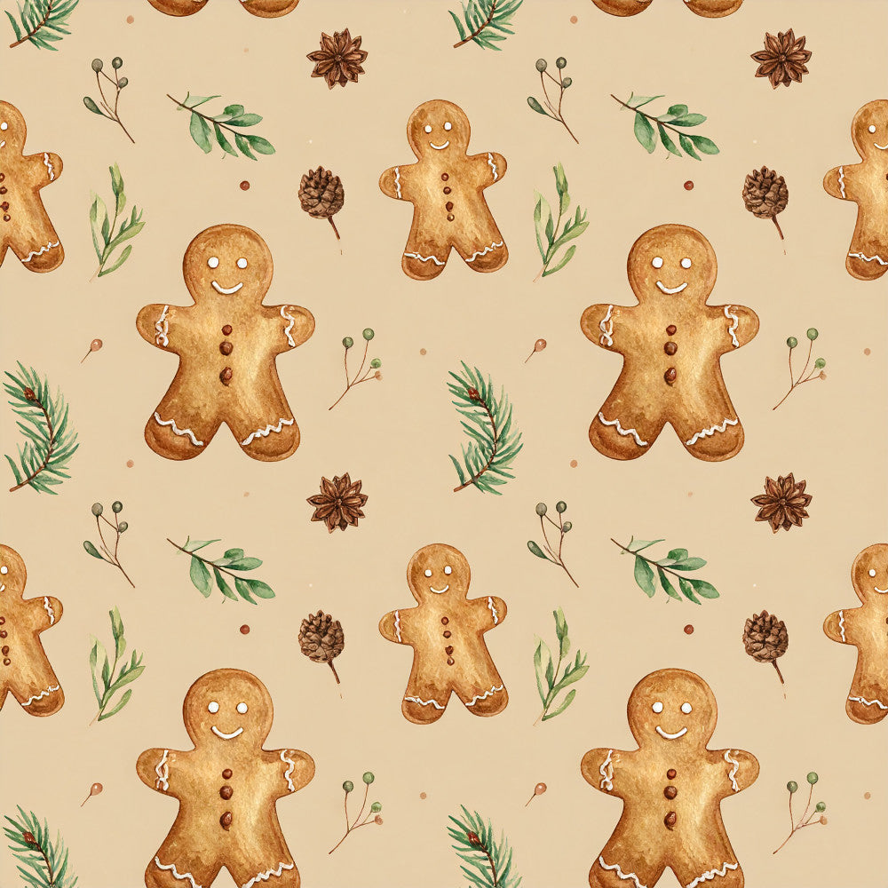 gingerbread man, holiday, christmas, winter, cream, tan, brown, golden brown, rust red, green, festive, whimsical, cookies, baking, traditional, rustic, vintage, star anise, pinecones, evergreen branches, botanical, seasonal, baked goods, decorative, playful, children, kids, nursery, cozy, warm