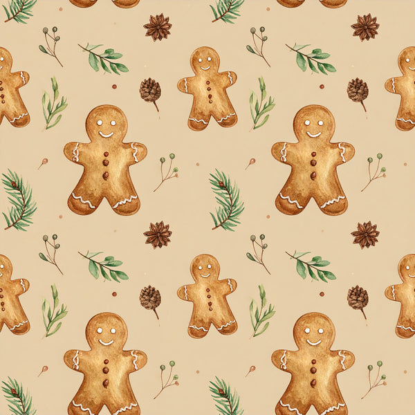 gingerbread man, holiday, christmas, winter, cream, tan, brown, golden brown, rust red, green, festive, whimsical, cookies, baking, traditional, rustic, vintage, star anise, pinecones, evergreen branches, botanical, seasonal, baked goods, decorative, playful, children, kids, nursery, cozy, warm