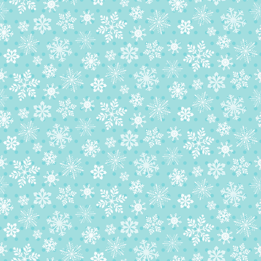 turquoise background, white snowflakes, winter pattern, repeating design, geometric snowflakes, icy blue, aqua fabric, seasonal motif, delicate snowflakes, crystalline patterns,, fabric panel, winter wonderland, frosty design, holiday fabric, christmas theme, scattered snowflakes, cool tones, festive pattern