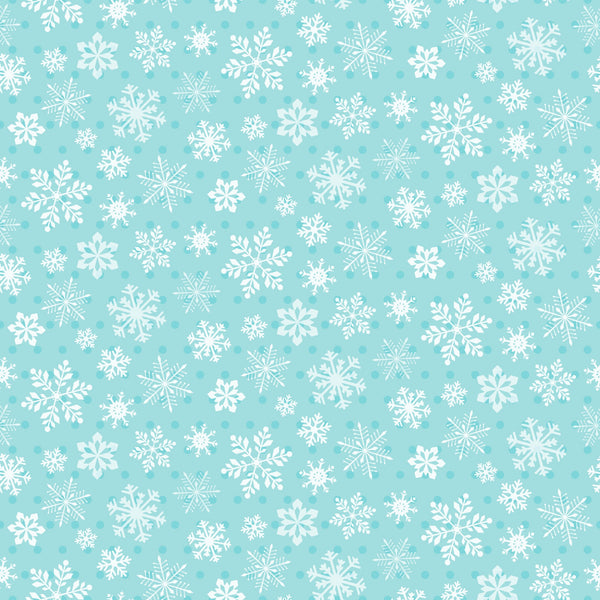 turquoise background, white snowflakes, winter pattern, repeating design, geometric snowflakes, icy blue, aqua fabric, seasonal motif, delicate snowflakes, crystalline patterns,, fabric panel, winter wonderland, frosty design, holiday fabric, christmas theme, scattered snowflakes, cool tones, festive pattern