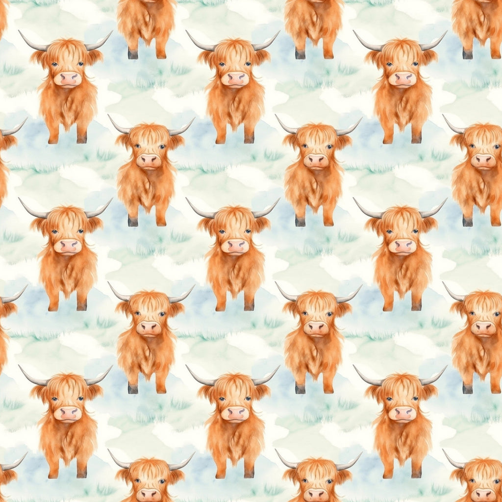 orange, rust, peach, highland cattle, cows, horns, fluffy fur, watercolor style, repeating pattern, farm animals, scottish cattle, cute animals,, fabric panel, pastoral, countryside, soft colors, whimsical, animal print, bovine