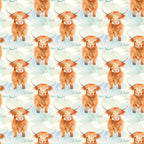 orange, rust, peach, highland cattle, cows, horns, fluffy fur, watercolor style, repeating pattern, farm animals, scottish cattle, cute animals,, fabric panel, pastoral, countryside, soft colors, whimsical, animal print, bovine