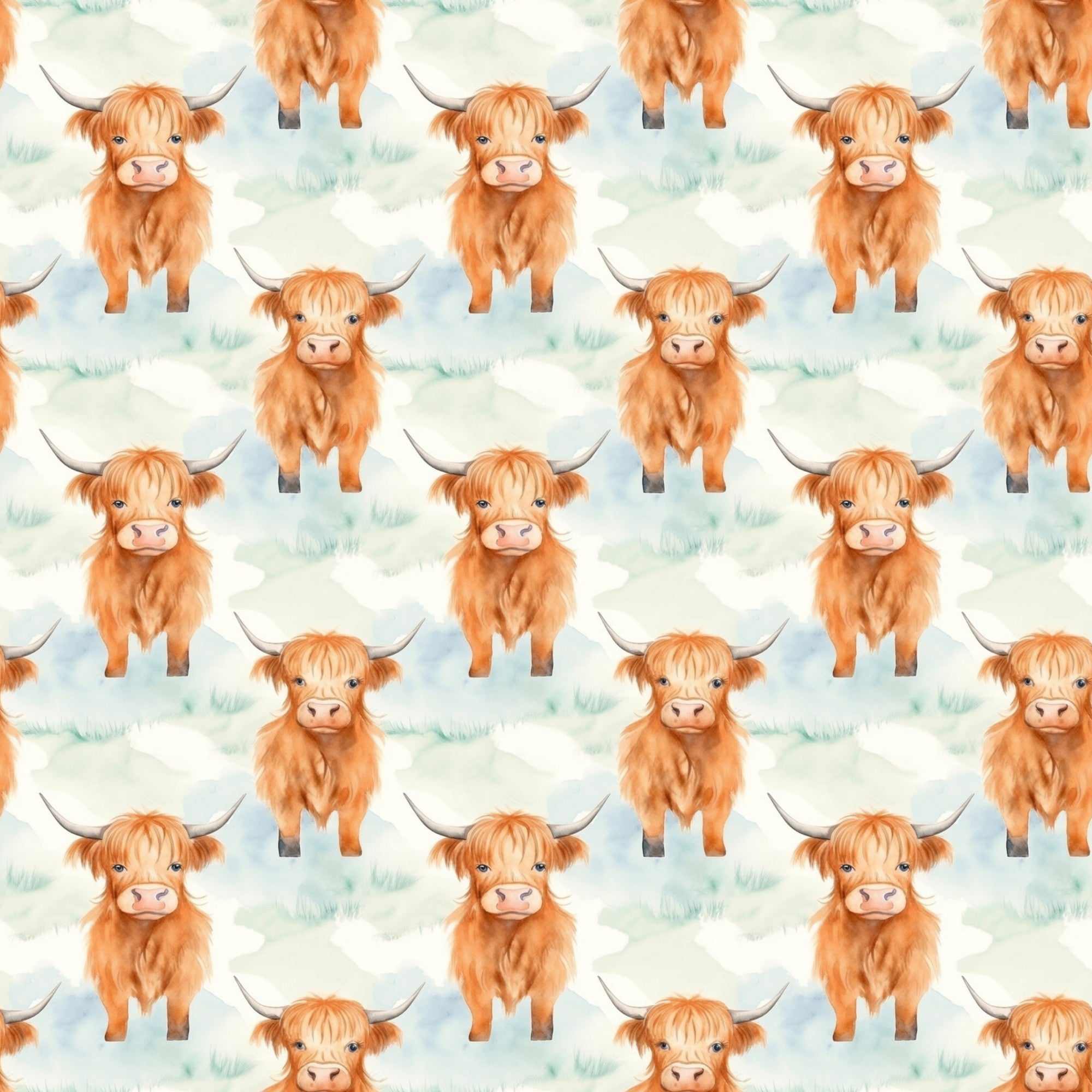 orange, rust, peach, highland cattle, cows, horns, fluffy fur, watercolor style, repeating pattern, farm animals, scottish cattle, cute animals,, fabric panel, pastoral, countryside, soft colors, whimsical, animal print, bovine
