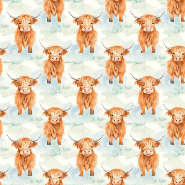 orange, rust, peach, highland cattle, cows, horns, fluffy fur, watercolor style, repeating pattern, farm animals, scottish cattle, cute animals,, fabric panel, pastoral, countryside, soft colors, whimsical, animal print, bovine