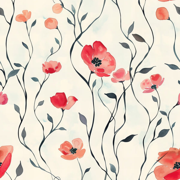 coral flowers, watercolor poppies, hand painted blooms, flowing vines, botanical pattern, cream background, dusty blue leaves, soft pink petals, red flowers, organic stems, meadow wildflowers, floral motif,, fabric panel, spring blooms, delicate florals, nature inspired, whimsical style, garden flowers, artistic brushstrokes