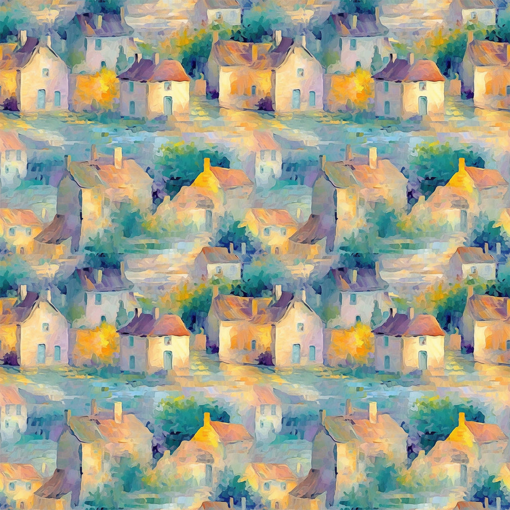 monet inspired, impressionist style, village scene, cottages, houses, watercolor effect, soft brushstrokes, teal, turquoise, orange, yellow, purple, lavender, peachy pink, dreamy atmosphere, whimsical buildings, artistic pattern,, fabric panel, painterly design, pastel palette