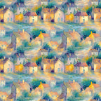 monet inspired, impressionist style, village scene, cottages, houses, watercolor effect, soft brushstrokes, teal, turquoise, orange, yellow, purple, lavender, peachy pink, dreamy atmosphere, whimsical buildings, artistic pattern,, fabric panel, painterly design, pastel palette