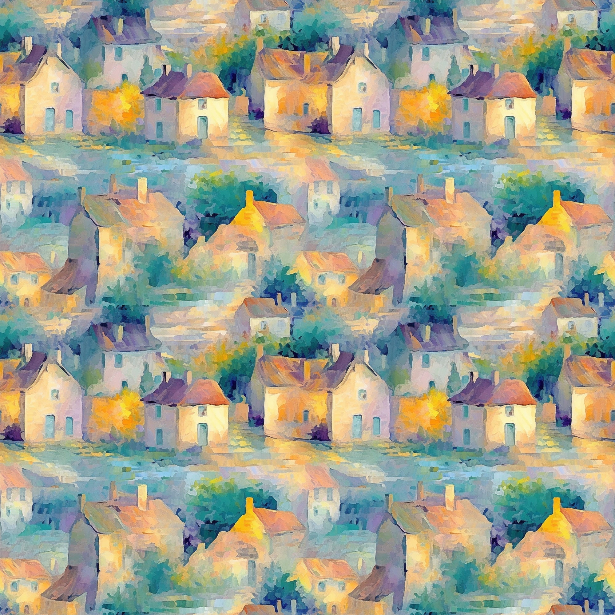 monet inspired, impressionist style, village scene, cottages, houses, watercolor effect, soft brushstrokes, teal, turquoise, orange, yellow, purple, lavender, peachy pink, dreamy atmosphere, whimsical buildings, artistic pattern,, fabric panel, painterly design, pastel palette