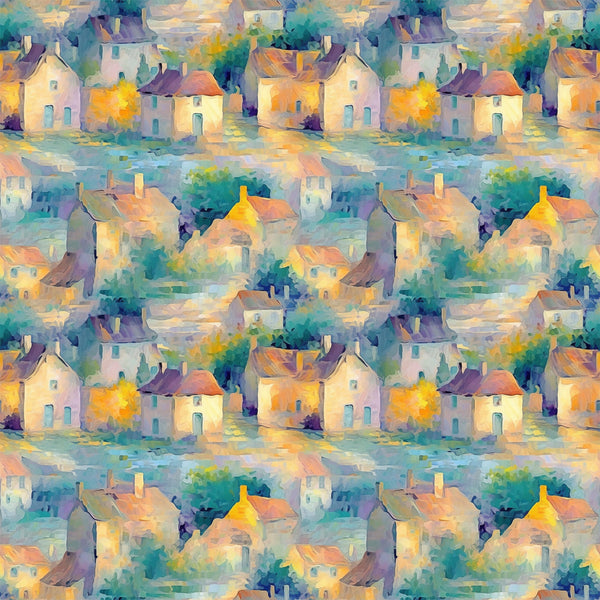 monet inspired, impressionist style, village scene, cottages, houses, watercolor effect, soft brushstrokes, teal, turquoise, orange, yellow, purple, lavender, peachy pink, dreamy atmosphere, whimsical buildings, artistic pattern,, fabric panel, painterly design, pastel palette