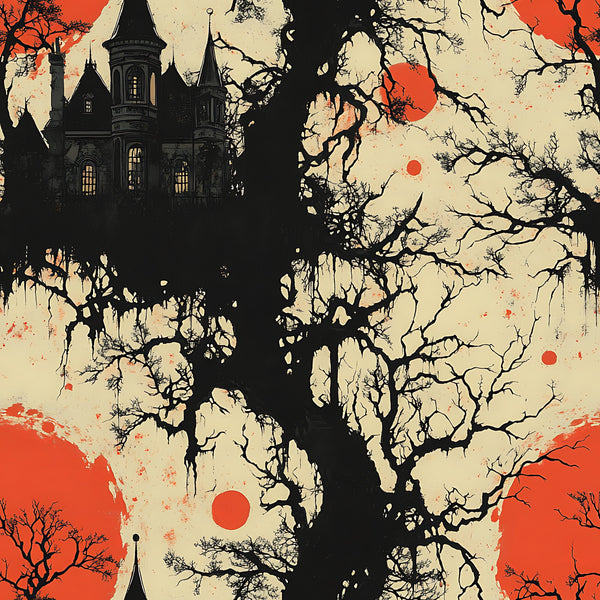 blood moon, gothic mansion, haunted castle, bare tree, spooky branches, orange red sky, cream beige, black silhouette, halloween theme, horror aesthetic, dramatic sky, eerie atmosphere,, fabric panel, gothic architecture, dark windows, twisted branches, autumn colors, supernatural mood, vintage horror