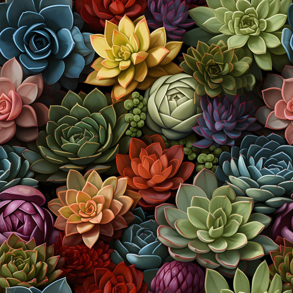 succulents, botanical,, fabric panel, teal, coral, burgundy, sage green, purple, yellow, orange, pink, rosette pattern, echeveria, sempervivum, clustered arrangement, realistic style, nature motif, gardening theme, vibrant colors, densely packed, floral alternative