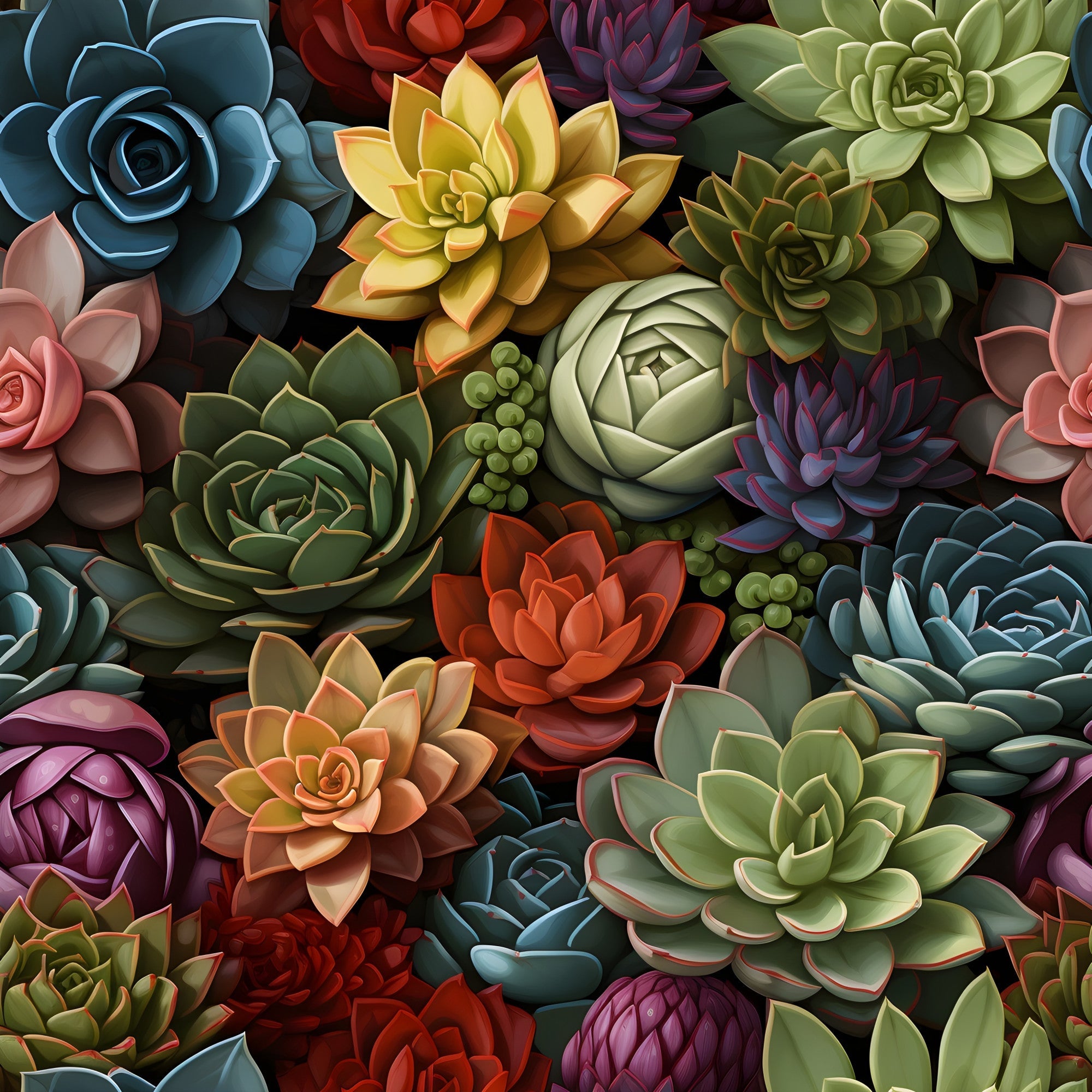 succulents, botanical,, fabric panel, teal, coral, burgundy, sage green, purple, yellow, orange, pink, rosette pattern, echeveria, sempervivum, clustered arrangement, realistic style, nature motif, gardening theme, vibrant colors, densely packed, floral alternative