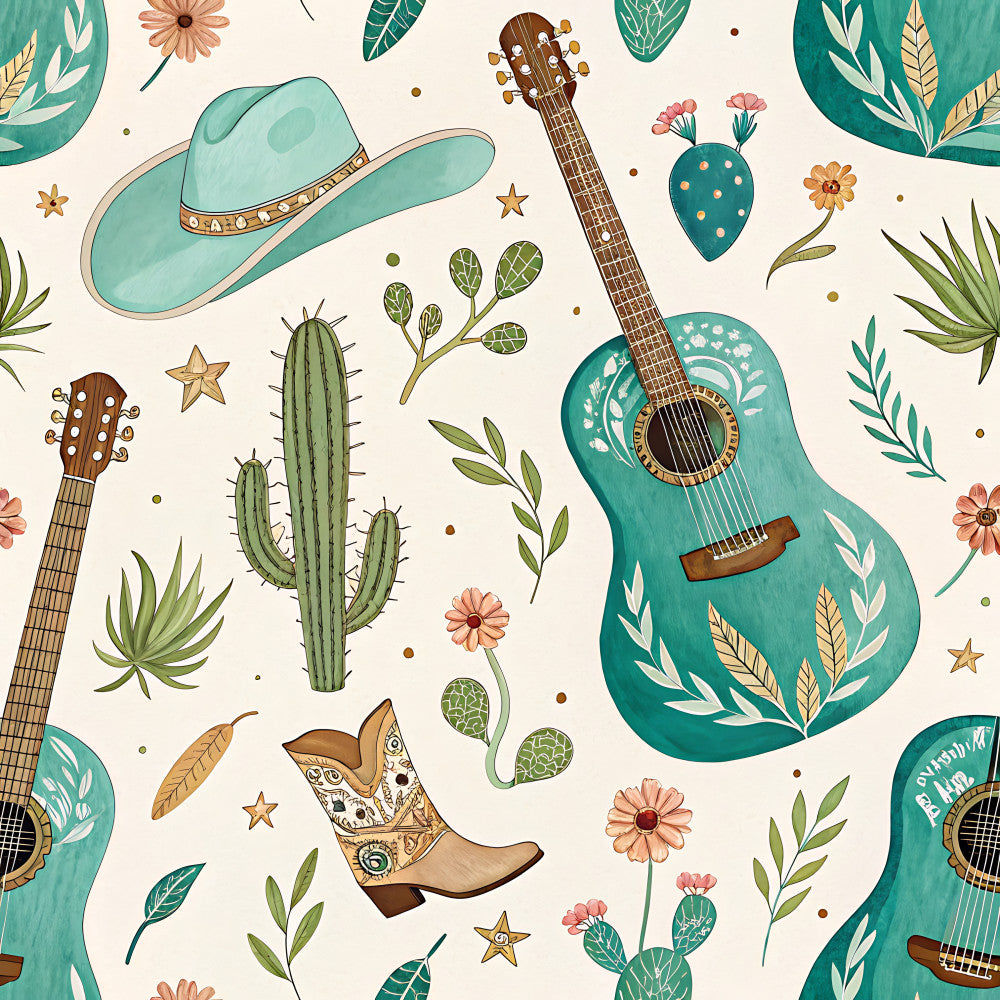 turquoise, teal, cream, coral pink, burnt orange, sage green, cowboy, western, guitars, cacti, boots, floral, botanical, nature, whimsical, bohemian, rustic, country, musical instruments, wildflowers, desert plants, stars, playroom, kids room, nursery, adventure, southwestern, folk art, decorative, vibrant