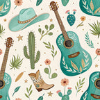 turquoise, teal, cream, coral pink, burnt orange, sage green, cowboy, western, guitars, cacti, boots, floral, botanical, nature, whimsical, bohemian, rustic, country, musical instruments, wildflowers, desert plants, stars, playroom, kids room, nursery, adventure, southwestern, folk art, decorative, vibrant