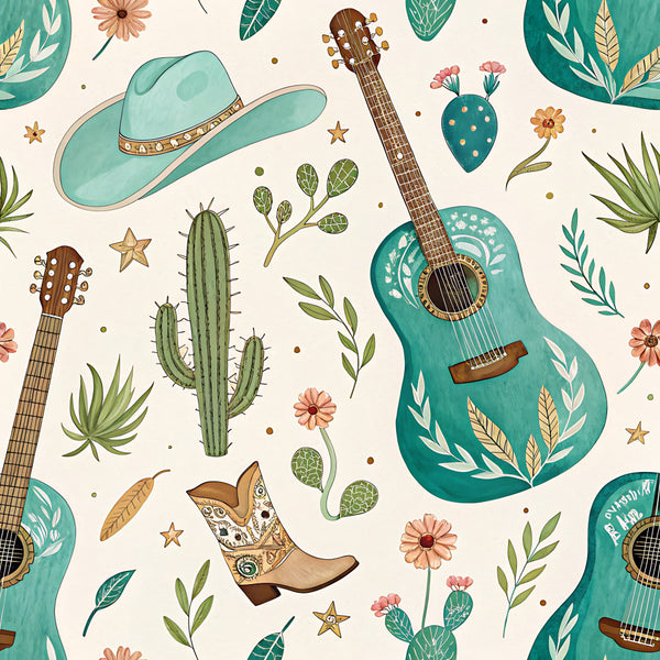 turquoise, teal, cream, coral pink, burnt orange, sage green, cowboy, western, guitars, cacti, boots, floral, botanical, nature, whimsical, bohemian, rustic, country, musical instruments, wildflowers, desert plants, stars, playroom, kids room, nursery, adventure, southwestern, folk art, decorative, vibrant