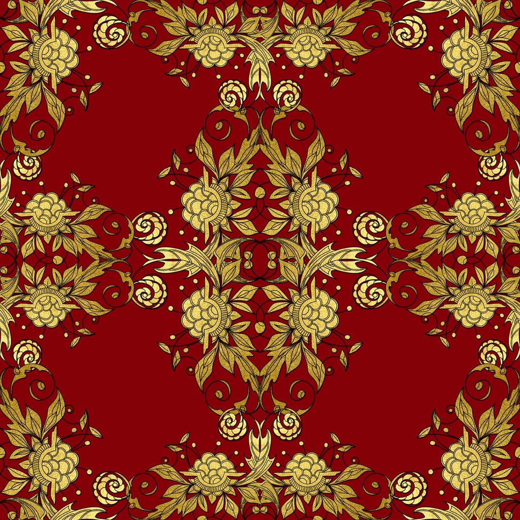red, gold, christmas, floral pattern, ornate design, decorative motifs, roses, leaves, scrollwork, damask style, elegant, festive,, fabric panel, botanical elements, intricate details, rich colors, holiday theme, symmetrical pattern, luxurious