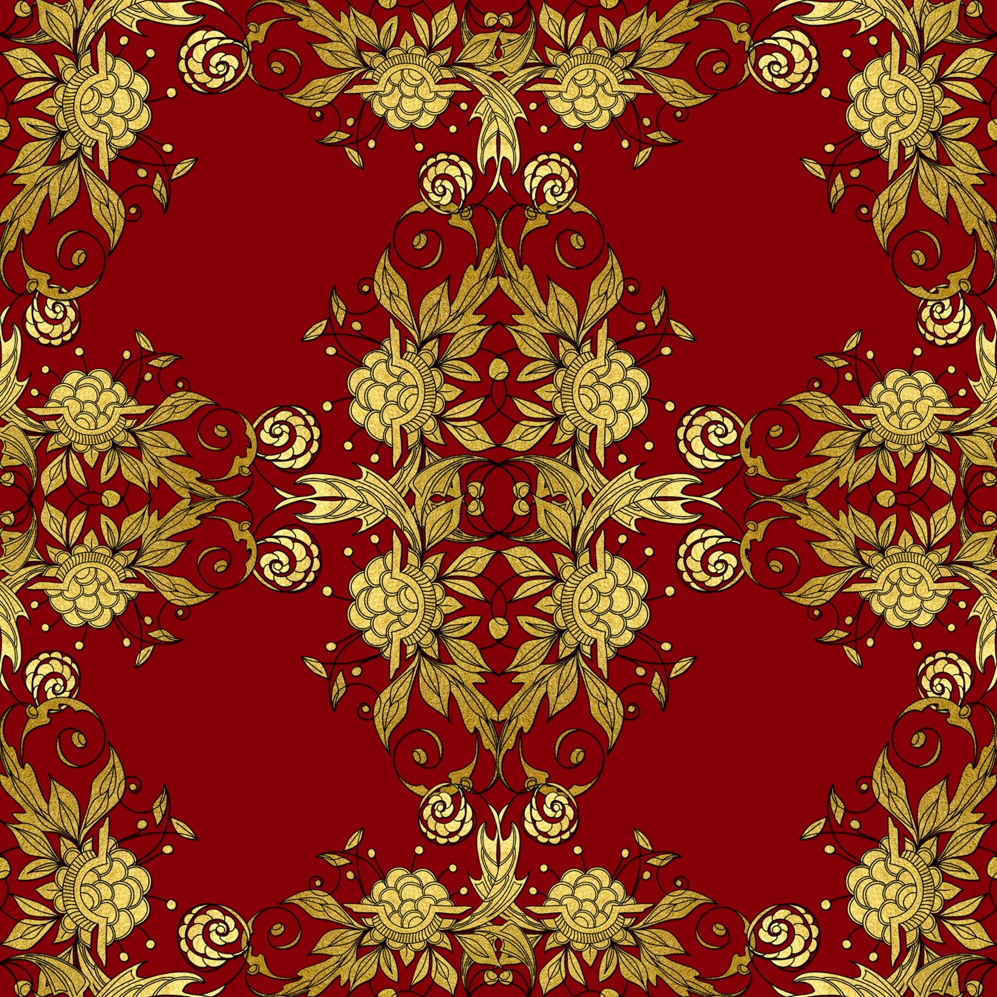 red, gold, christmas, floral pattern, ornate design, decorative motifs, roses, leaves, scrollwork, damask style, elegant, festive,, fabric panel, botanical elements, intricate details, rich colors, holiday theme, symmetrical pattern, luxurious