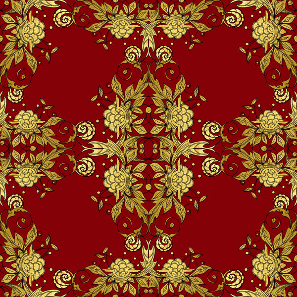 red, gold, christmas, floral pattern, ornate design, decorative motifs, roses, leaves, scrollwork, damask style, elegant, festive,, fabric panel, botanical elements, intricate details, rich colors, holiday theme, symmetrical pattern, luxurious