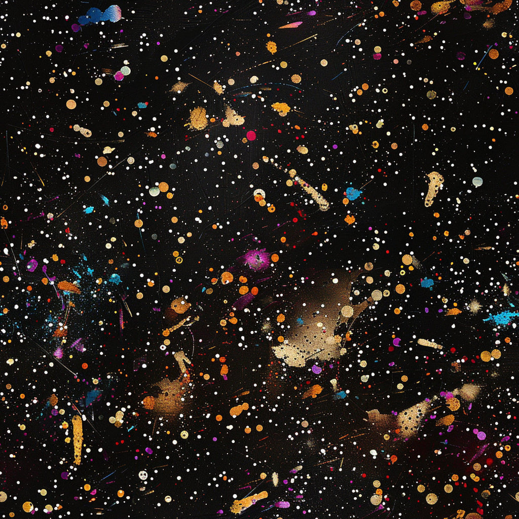 glitter, paint splatter, black background, multicolored dots, gold accents, purple splashes, orange spots, blue splatters, red droplets, white speckles, abstract pattern, cosmic design, starry night, artistic mess,, fabric panel, contemporary art, vibrant colors, splashed paint, celestial theme