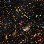 glitter, paint splatter, black background, multicolored dots, gold accents, purple splashes, orange spots, blue splatters, red droplets, white speckles, abstract pattern, cosmic design, starry night, artistic mess,, fabric panel, contemporary art, vibrant colors, splashed paint, celestial theme