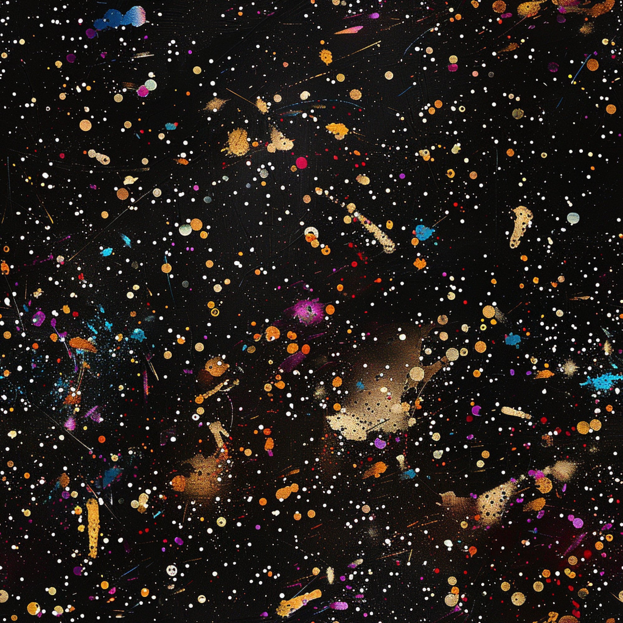 glitter, paint splatter, black background, multicolored dots, gold accents, purple splashes, orange spots, blue splatters, red droplets, white speckles, abstract pattern, cosmic design, starry night, artistic mess,, fabric panel, contemporary art, vibrant colors, splashed paint, celestial theme
