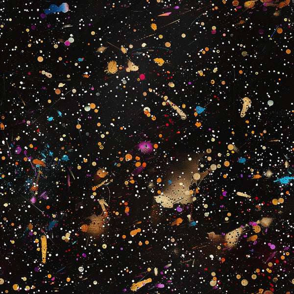 glitter, paint splatter, black background, multicolored dots, gold accents, purple splashes, orange spots, blue splatters, red droplets, white speckles, abstract pattern, cosmic design, starry night, artistic mess,, fabric panel, contemporary art, vibrant colors, splashed paint, celestial theme