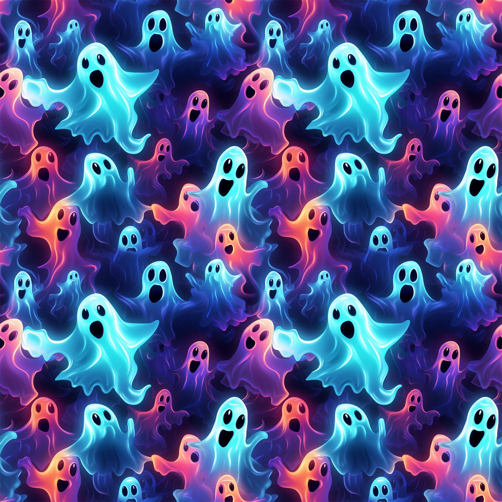 halloween fabric, spooky ghosts, neon colors, turquoise blue, hot pink, purple, orange, black background, glowing effect, cartoon ghosts, surprised expressions, seamless pattern,, fabric panel, supernatural theme, vibrant hues, floating spirits, halloween characters, spooky cute, psychedelic colors