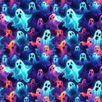 halloween fabric, spooky ghosts, neon colors, turquoise blue, hot pink, purple, orange, black background, glowing effect, cartoon ghosts, surprised expressions, seamless pattern,, fabric panel, supernatural theme, vibrant hues, floating spirits, halloween characters, spooky cute, psychedelic colors