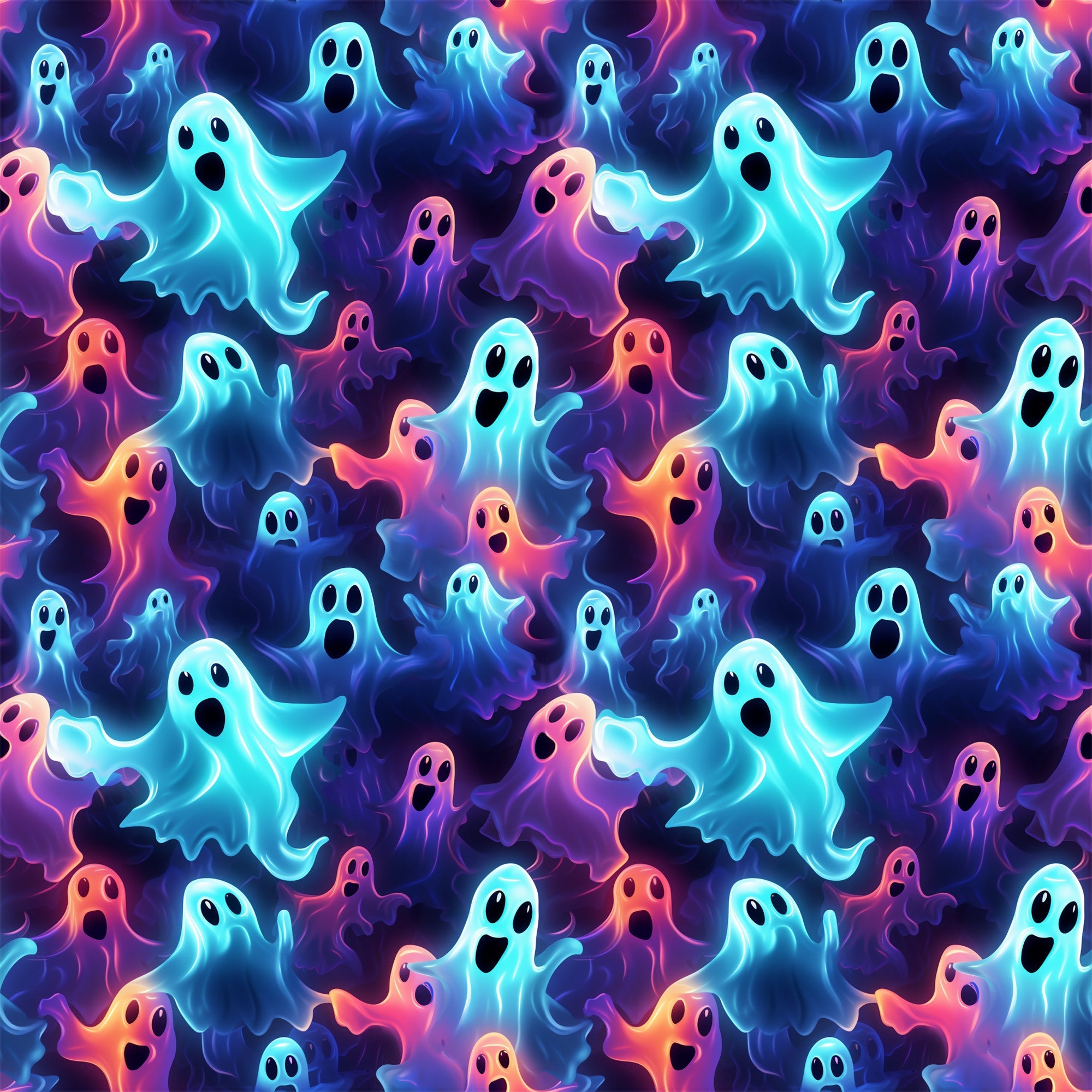halloween fabric, spooky ghosts, neon colors, turquoise blue, hot pink, purple, orange, black background, glowing effect, cartoon ghosts, surprised expressions, seamless pattern,, fabric panel, supernatural theme, vibrant hues, floating spirits, halloween characters, spooky cute, psychedelic colors