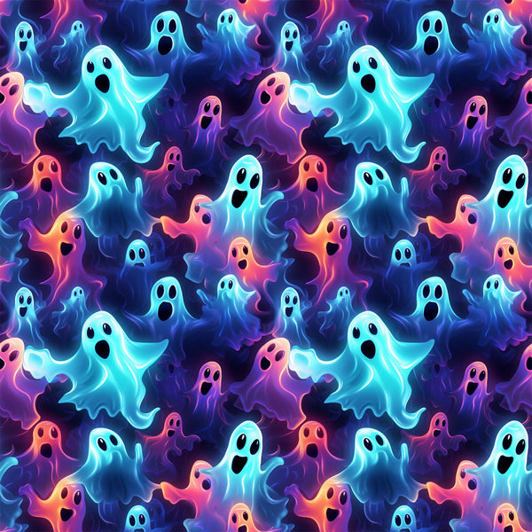 halloween fabric, spooky ghosts, neon colors, turquoise blue, hot pink, purple, orange, black background, glowing effect, cartoon ghosts, surprised expressions, seamless pattern,, fabric panel, supernatural theme, vibrant hues, floating spirits, halloween characters, spooky cute, psychedelic colors
