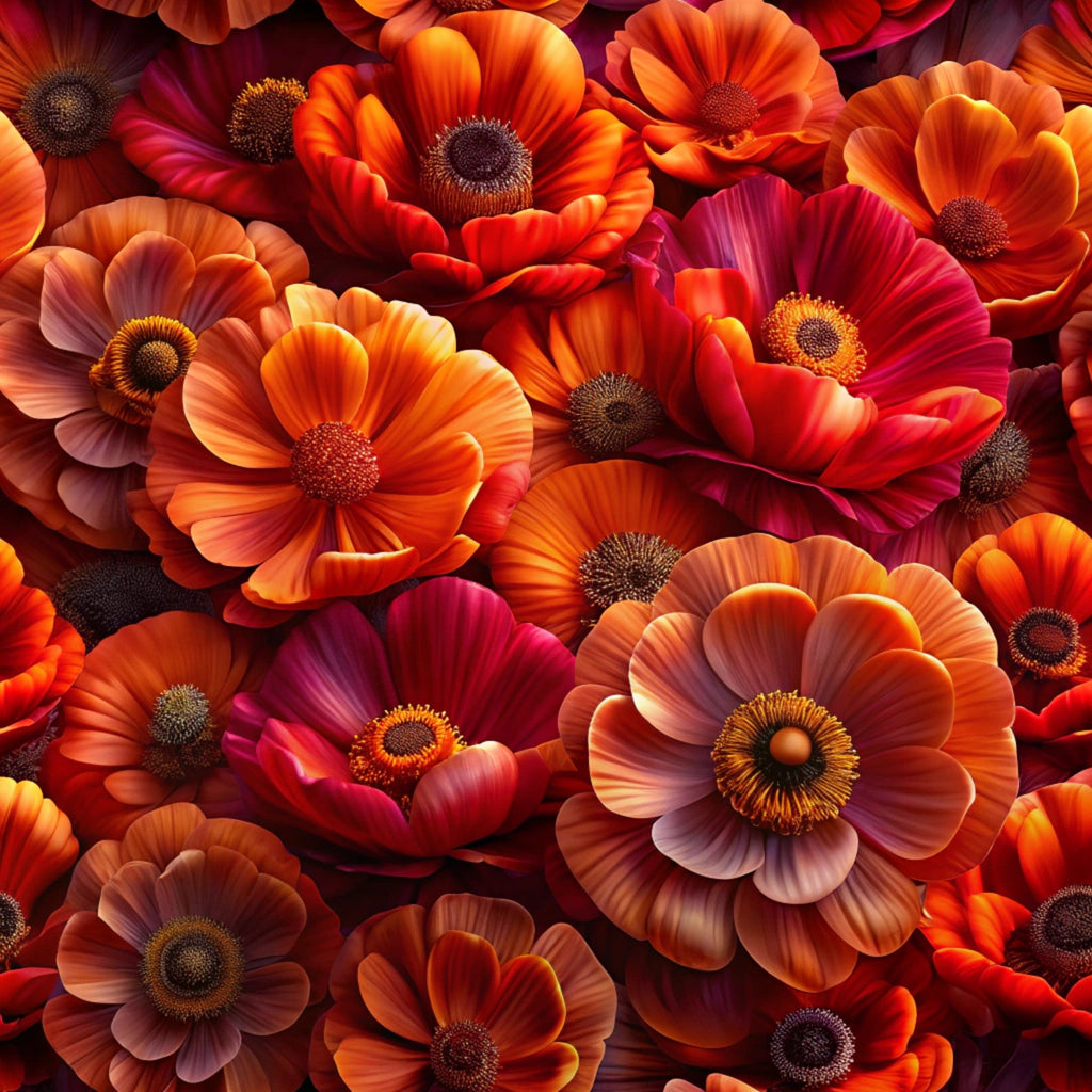realistic flowers, orange petals, red blooms, burgundy flowers, coral tones, magenta accents, golden centers, layered petals, floral pattern, botanical design,, fabric panel, warm colors, autumn hues, detailed florals, overlapping blooms, nature motif, vibrant pattern, flower heads, petal texture