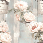 blush pink, cream white, sage green, peony flowers, floral pattern, rustic jars, mason jars, weathered wood, farmhouse style, cottage core,, fabric panel, botanical design, soft pastels, vintage blooms, shabby chic, country style, delicate petals, romantic florals