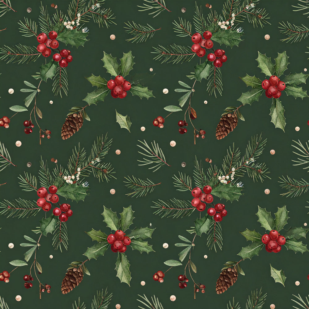 forest green, deep green, red berries, holly leaves, pine needles, evergreen branches, pinecones, copper accents, rose gold, cream, winter botanical, christmas, holiday, festive, nature inspired, woodland, rustic, elegant, traditional, seasonal, december, poinsettia berries, conifer branches, natural elements, vintage holiday, classic christmas, red and green, timeless, decorative botanical