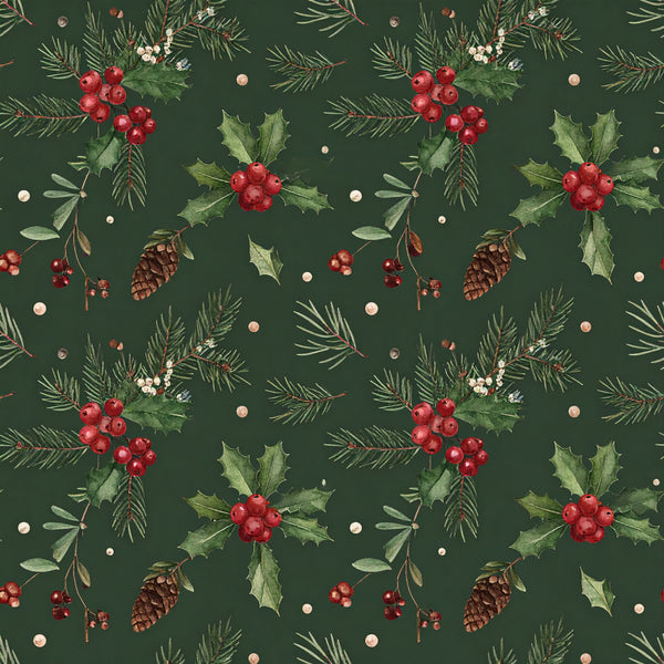 forest green, deep green, red berries, holly leaves, pine needles, evergreen branches, pinecones, copper accents, rose gold, cream, winter botanical, christmas, holiday, festive, nature inspired, woodland, rustic, elegant, traditional, seasonal, december, poinsettia berries, conifer branches, natural elements, vintage holiday, classic christmas, red and green, timeless, decorative botanical