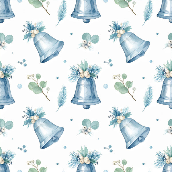 dusty blue, sage green, cream white, watercolor, botanical, bells, holiday, christmas, winter, floral, nature, whimsical, elegant, soft, festive, decorative berries, evergreen branches, blue bells, nursery, baby shower, traditional, delicate, peaceful, calming, rustic charm, vintage style, winter greenery, festive decor, kids room, baby room